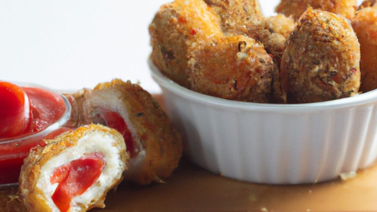 Imagem de filezinhos de sassami dispostos em uma airfryer com fatias de tomate e queijo derretido por cima.