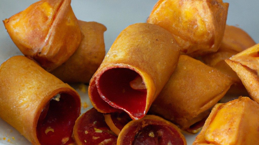 Imagem de folhado recheado com queijo e pepperoni cozido em uma fritadeira de ar. A crosta é dourada e crocante, o queijo está derretido e borbulhante e o pepperoni é levemente dourado.