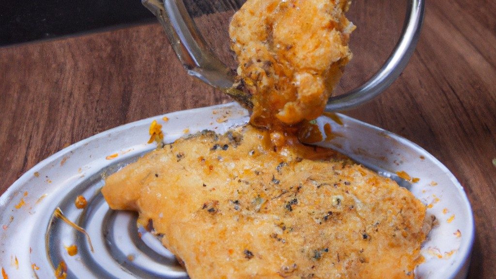Imagem de frango à milanesa crocante e dourado preparado na airfryer, servido com um molho à sua escolha. O prato é apresentado em um prato branco, acompanhado de limões e ervas frescas.
