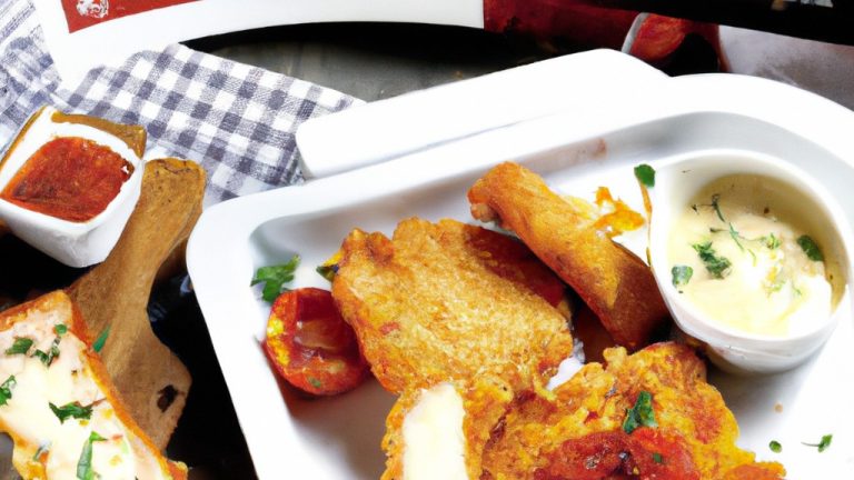 Uma foto de um prato de Frango à Parmegiana feito na Airfryer. O prato contém um frango empanado coberto com molho de tomate e queijo derretido, acompanhado de espaguete.