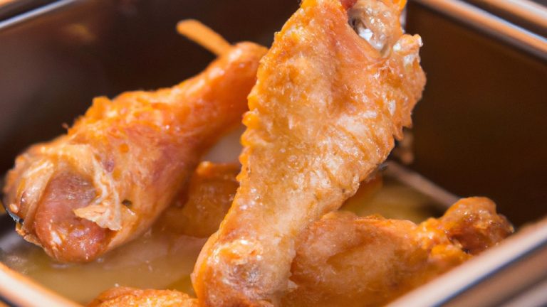 Imagem de frango à passarinho frito em uma airfryer. O frango é dourado e crocante, com uma aparência suculenta. Na imagem, o frango está disposto em uma cesta da airfryer.
