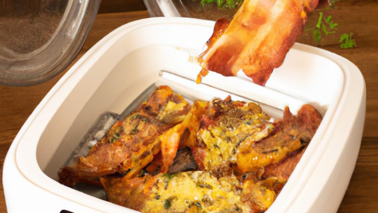 Imagem de frango assado na Airfryer, coberto com bacon e ervas aromáticas. O frango é dourado e crocante, enquanto o bacon está cozido até ficar crocante. As ervas adicionam um toque de cor e sabor ao prato.