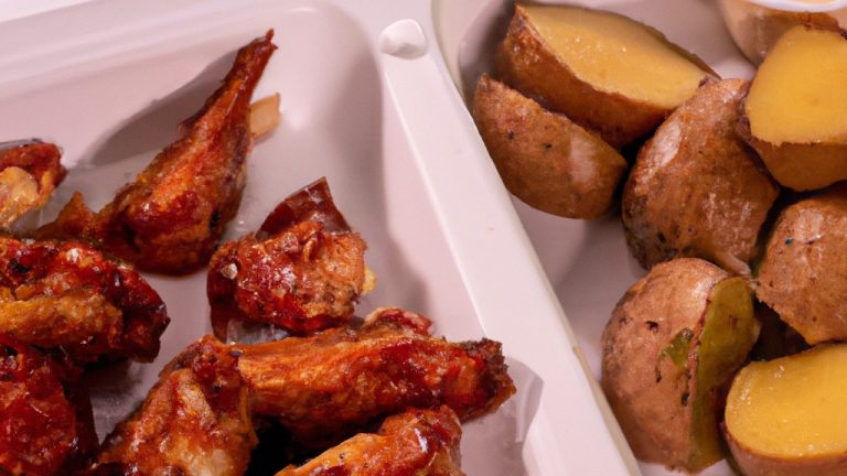 Imagem de uma bandeja de frango assado e batatas doces na Airfryer. O frango está dourado e as batatas doces estão macias e caramelizadas.