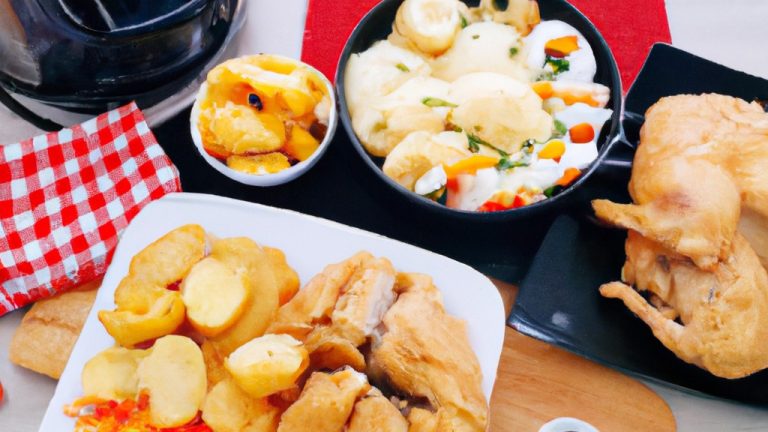 Imagem de um prato com frango, batatas e cenouras cozidos na Airfryer. O frango está dourado e crocante, e os legumes estão macios e caramelizados.