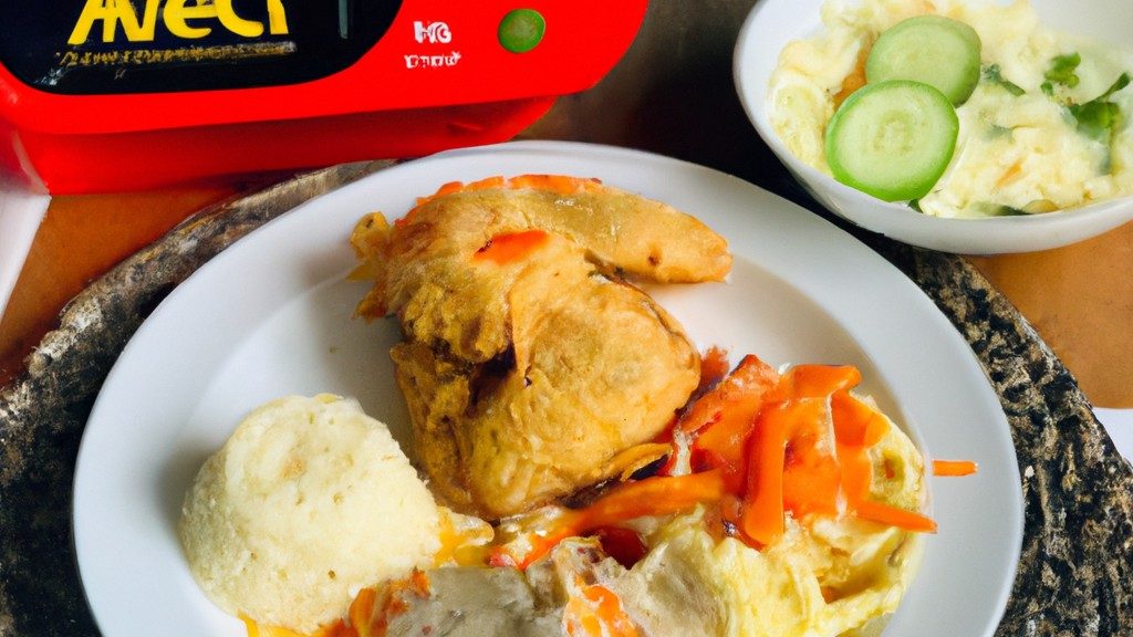 Imagem de um prato com frango assado e legumes coloridos, cozidos na Airfryer. O frango está dourado e crocante, enquanto os legumes estão tenros e suculentos. O prato é servido com um molho cremoso, que adiciona sabor e umidade à refeição.