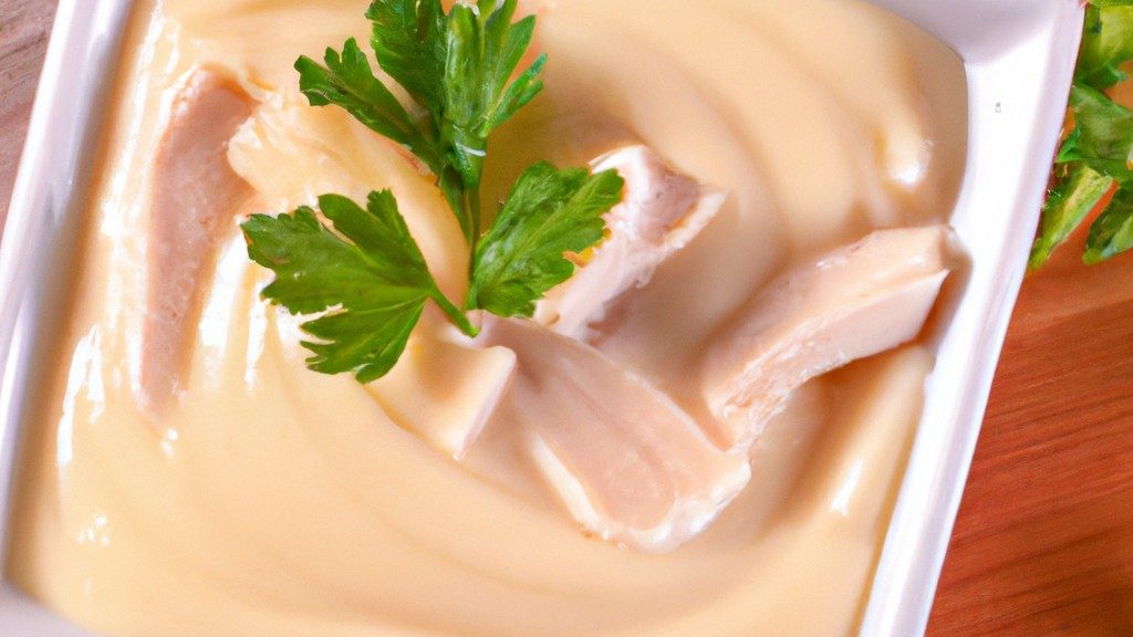 Imagem de um prato de frango com maionese e creme de cebola. O frango é grelhado e cortado em tiras, a maionese é cremosa e o creme de cebola é espesso e saboroso. O prato é guarnecido com cebolinha picada.