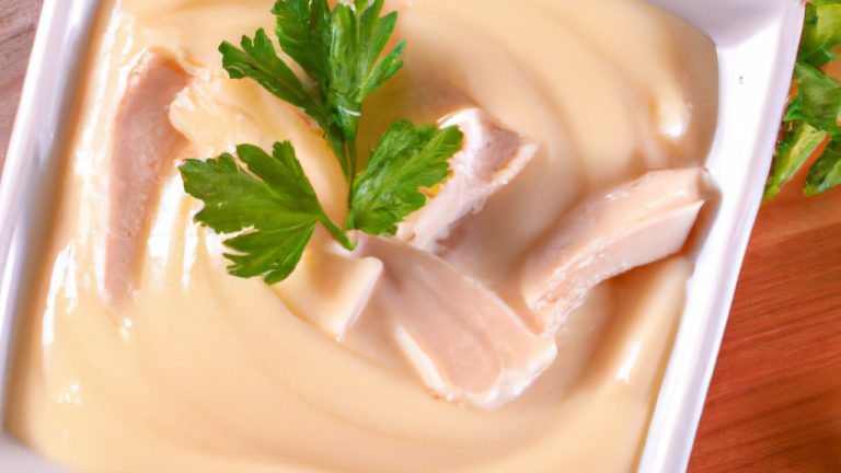 Imagem de um prato de frango com maionese e creme de cebola. O frango é grelhado e cortado em tiras, a maionese é cremosa e o creme de cebola é espesso e saboroso. O prato é guarnecido com cebolinha picada.