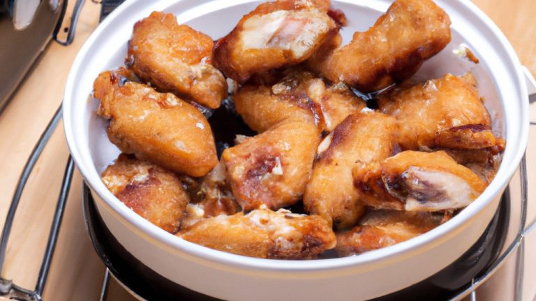 Imagem de frango frito crocante com molho shoyu, servido em um prato ao lado de arroz e vegetais. O frango é dourado e tem uma pele crocante, e o molho é espesso e escuro.