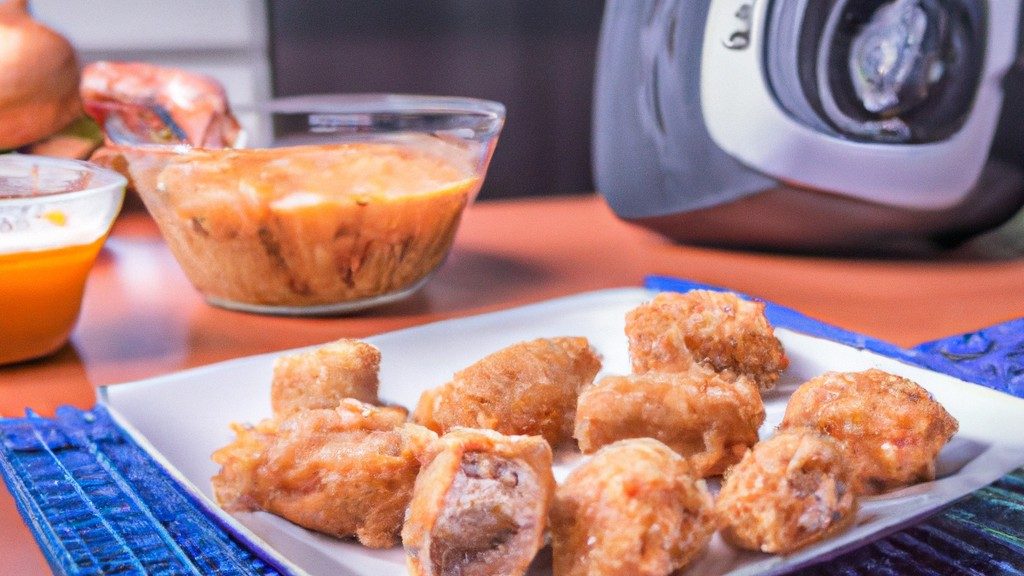 Uma imagem de um frango assado na Airfryer. O frango é dourado e crocante, com pele crocante. Ele é servido em um prato com rodelas de limão e ervas.