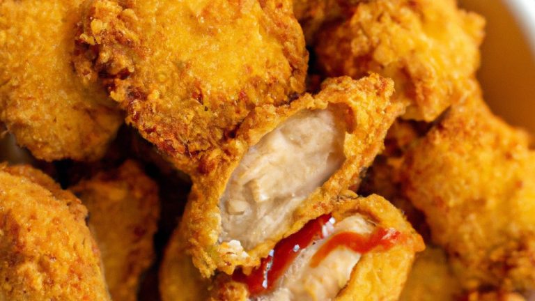 Imagem de frango empanado dourado e crocante em uma cesta da Airfryer, com fatias de limão e ervas frescas como guarnição.