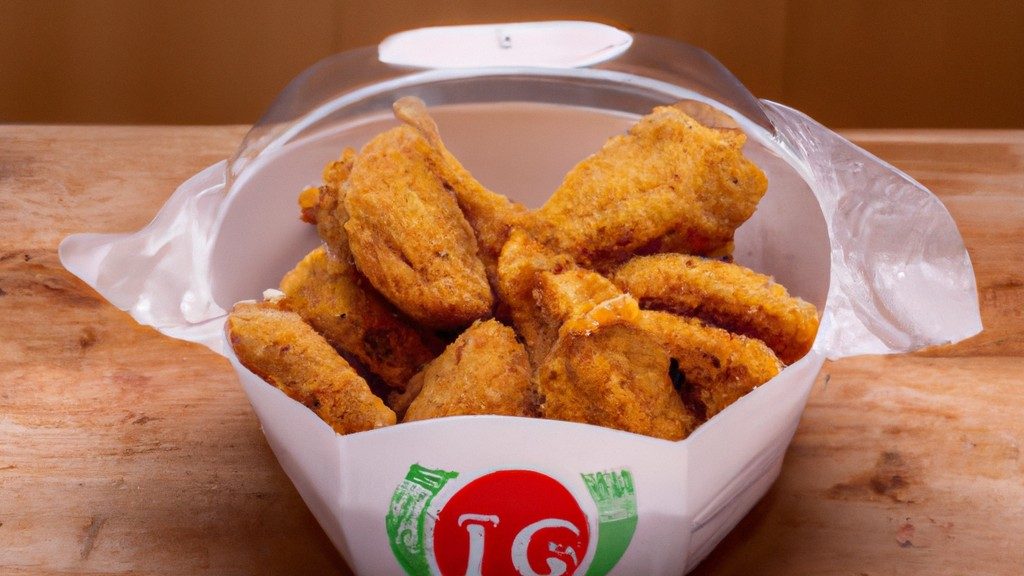 Imagem de um prato com frango empanado dourado e crocante preparado em uma Airfryer. O frango é servido com um lado de batata frita e um molho de mostarda ao lado.