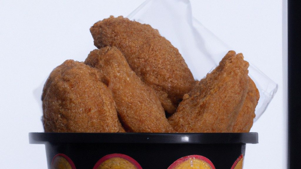 Imagem de um balde branco cheio de pedaços de frango frito crocante, acompanhado de batatas fritas e molho, sobre uma superfície de madeira escura.