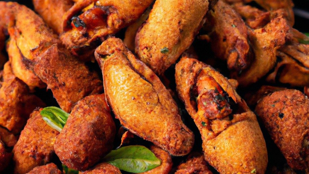 Uma imagem de um prato de Frango Indiano Na Airfryer, coberto com especiarias e ervas. O frango é dourado e crocante, e está rodeado por vegetais coloridos, como pimentos, cebolas e tomates.