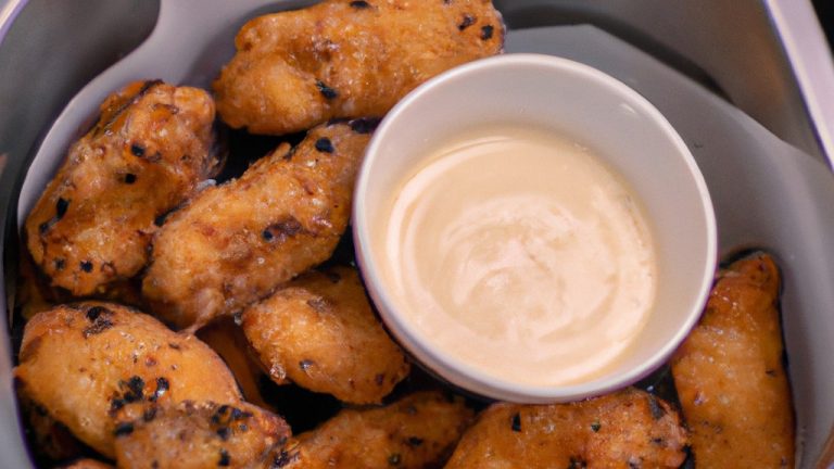 Imagem de um prato com frango frito e cremoso, preparado em uma Airfryer. O frango é dourado e crocante, coberto com um molho cremoso à base de leite. O prato é acompanhado de batatas fritas douradas e uma salada verde fresca.