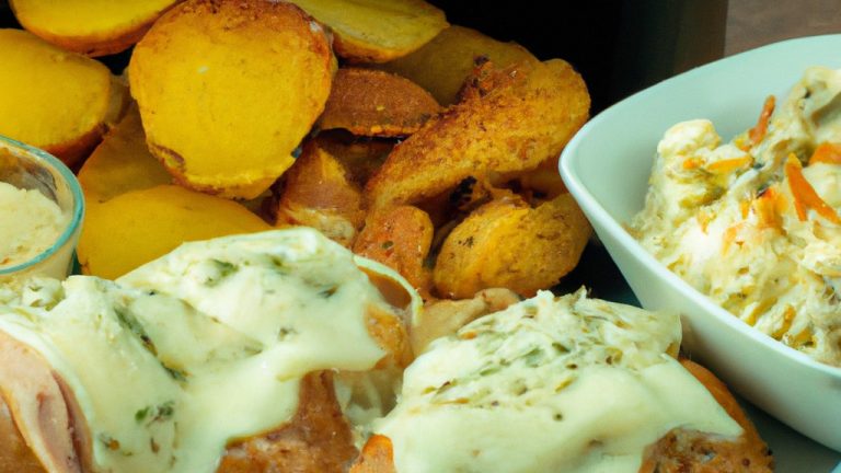 Imagem de um prato com frango frito dourado e crocante, acompanhado de batatas fritas e um pote de maionese. O frango está perfeitamente cozido, com a pele dourada e crocante e a carne suculenta e macia. As batatas fritas são crocantes por fora e macias por dentro, e a maionese é cremosa e saborosa.