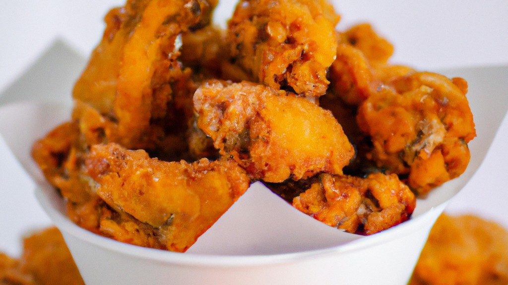 Frango frito crocante com pele dourada em uma Airfryer. O frango é cozido em um molho cremoso de cogumelos, cenoura e cebola, coberto com uma camada de queijo derretido.