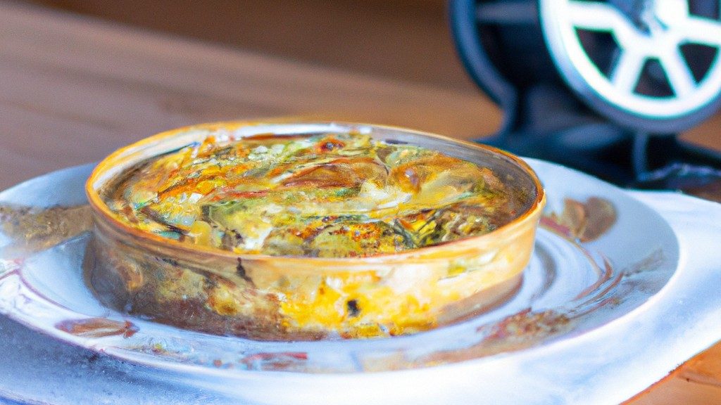 Imagem de uma frittata cozida em uma Air Fryer, apresentando uma superfície dourada e ingredientes coloridos como ovos, queijo e vegetais. Esta imagem retrata uma refeição saborosa e conveniente, perfeita para um café da manhã ou almoço fácil e rápido.