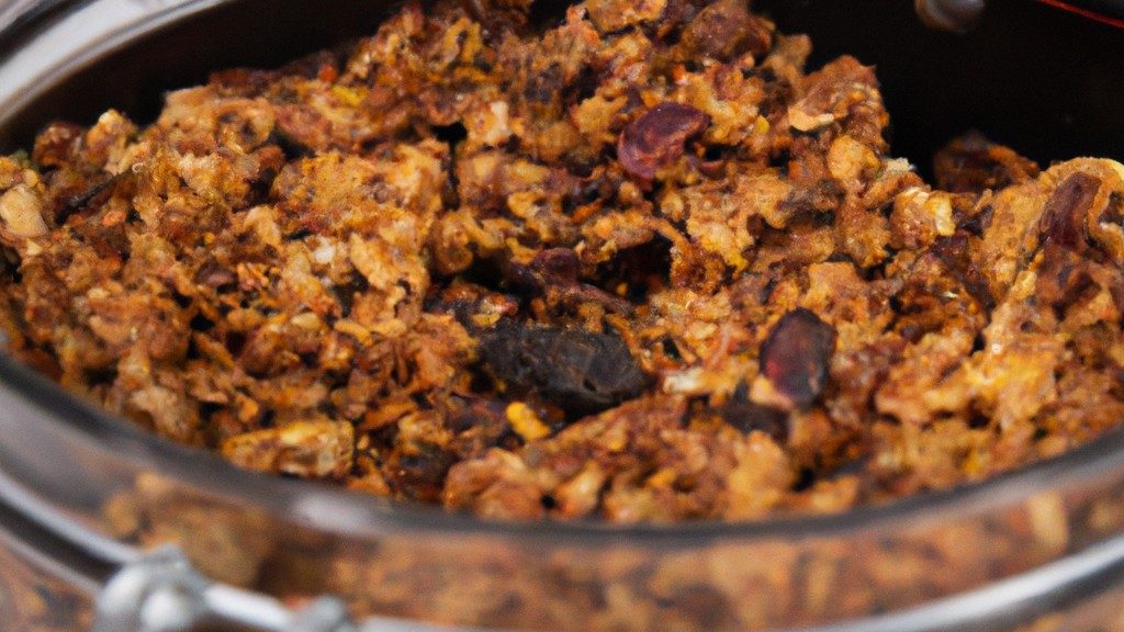 Imagem de uma tigela de granola crocante e dourada feita na airfryer. A granola é coberta com nozes, sementes e frutas secas e está pronta para ser saboreada como um lanche saudável ou parte de um café da manhã equilibrado.