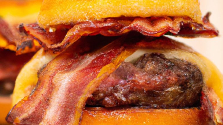 Imagem de um hambúrguer suculento cozido na Airfryer, coberto com bacon crocante, queijo derretido, alface fresca, tomate e cebola roxa. O hambúrguer é colocado em um pão macio e fofo, com batatas fritas crocantes ao lado.
