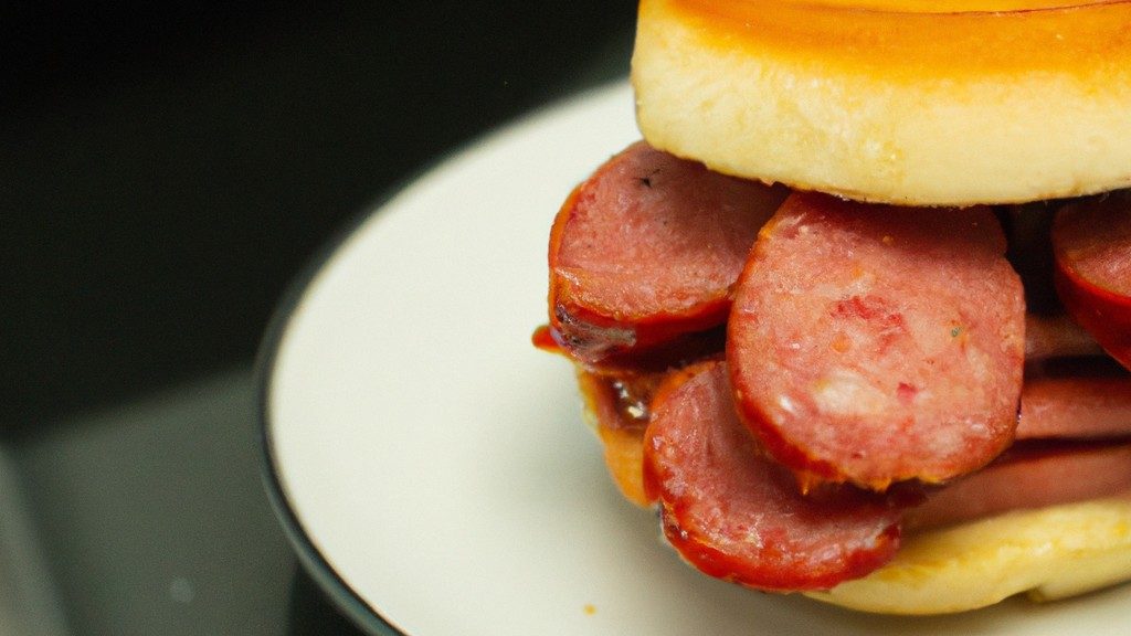 Foto de hambúrgueres de salsicha grelhados em uma airfryer, cobertos com queijo derretido, alface, tomate e cebola roxa.