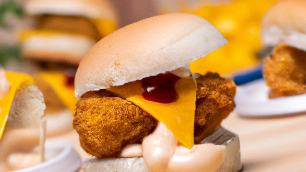 Imagem de um hambúrguer de frango frito na airfryer. O hambúrguer é empanado com uma crosta dourada e crocante, e é servido em um pão com alface, tomate e maionese.