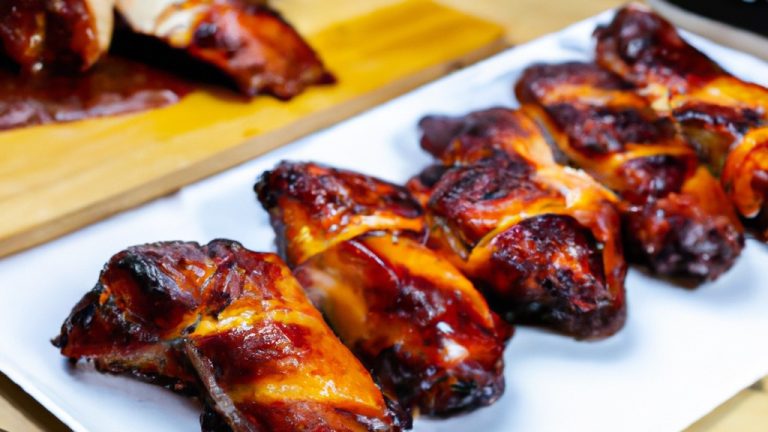 Foto de tiras de frango empanadas e douradas em uma cesta de fritadeira, cobertas com molho barbecue fumegante.