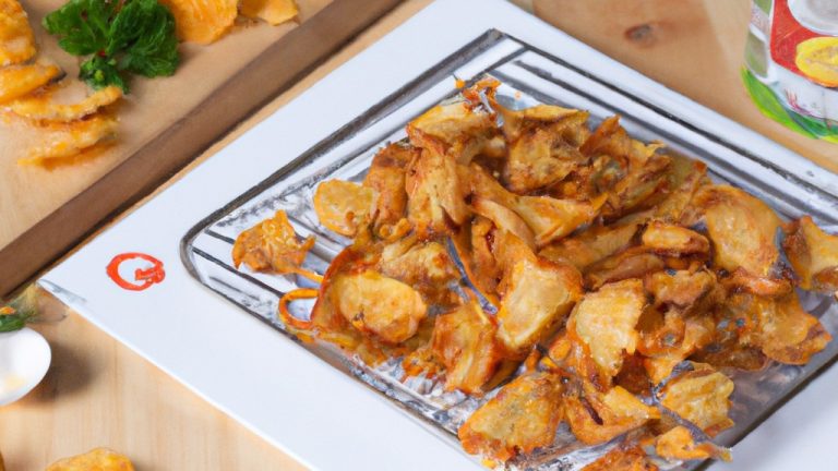 Imagem de uma travessa cheia de iscas de frango douradas e crocantes cobertas com um molho shoyu. As iscas são servidas com uma tigela de arroz e uma porção de brócolis cozido no vapor.
