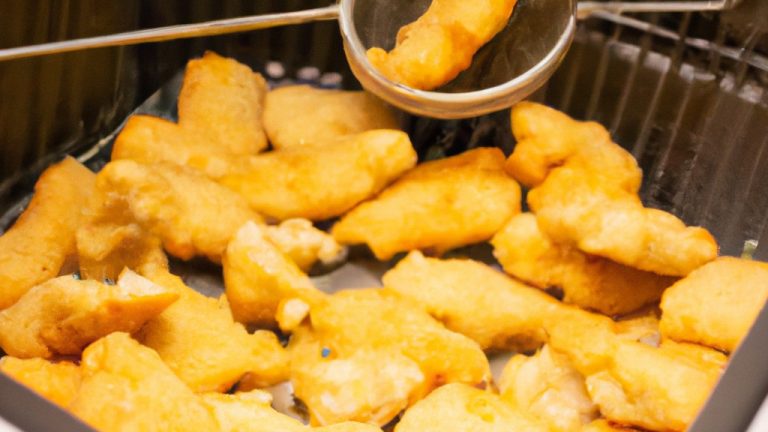 Imagem de tiras de isca de peixe empanadas crocantes e douradas dispostas em um prato. As tiras são feitas com filés de peixe fresco, empanados com farinha de rosca e especiarias e cozidas na airfryer até ficarem crocantes por fora e tenras por dentro.