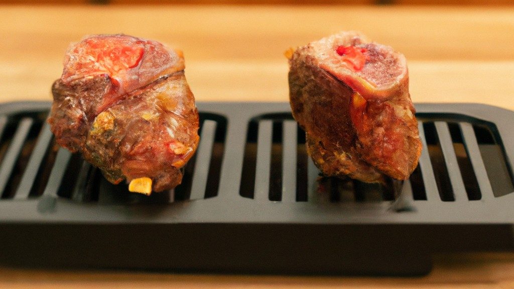 Imagem de filés mignon cozidos em uma fritadeira. Os filés são dourados e crocantes por fora, e suculentos e rosados por dentro. Eles são servidos em um prato com um molho à base de ervas.