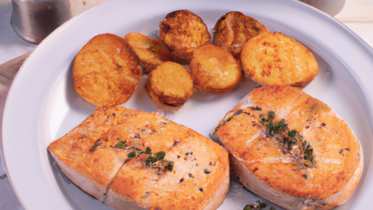Imagem de medalhões de salmão cozidos em uma frigideira Airfryer, cobertos com uma crosta crocante de ervas, servidos em um prato com guarnições de limão e endro.