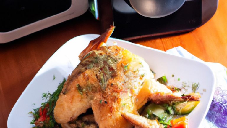 Imagem de um prato com frango crocante e legumes coloridos grelhados em uma Airfryer. O frango tem uma crosta dourada e os legumes parecem suculentos e tentadores, incluindo pimentões vermelhos, cebolas e abobrinhas.