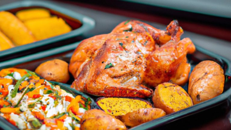 Imagem de um prato de jantar contendo frango grelhado e legumes assados. O frango é dourado e crocante, enquanto os legumes são tenros e caramelizados. A refeição é servida com um molho de ervas ao lado.