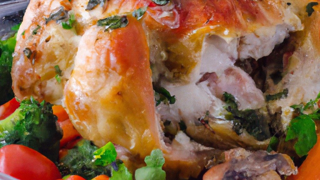 Imagem de um frango recheado com ervas e legumes sendo cozido em uma Airfryer. O frango está dourado e crocante, enquanto os legumes estão macios e caramelizados.