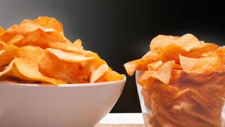 Foto de chips de batata-doce crocantes e dourados, preparados na airfryer. Esses chips caseiros são fáceis de fazer e são um lanche saudável e saboroso.