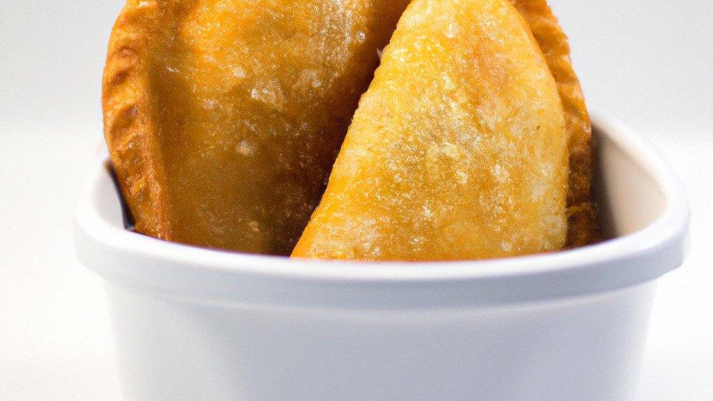 Imagem de empanadas douradas e crocantes, preparadas na Airfryer. As empanadas têm um recheio saboroso, visível através das bordas abertas. Elas são servidas em um prato com um molho de acompanhamento.