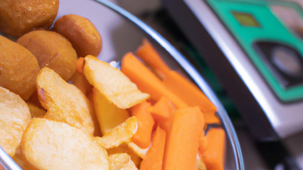 Imagem de uma cesta de legumes coloridos em uma airfryer. Os legumes incluem cenouras, brócolis, couve-flor, pimentões e cebolas. Eles são cozidos à perfeição, crocantes por fora e macios por dentro. Um recipiente com um molho ao lado da cesta para mergulhar. O texto "Legumes na Airfryer" está escrito na imagem.