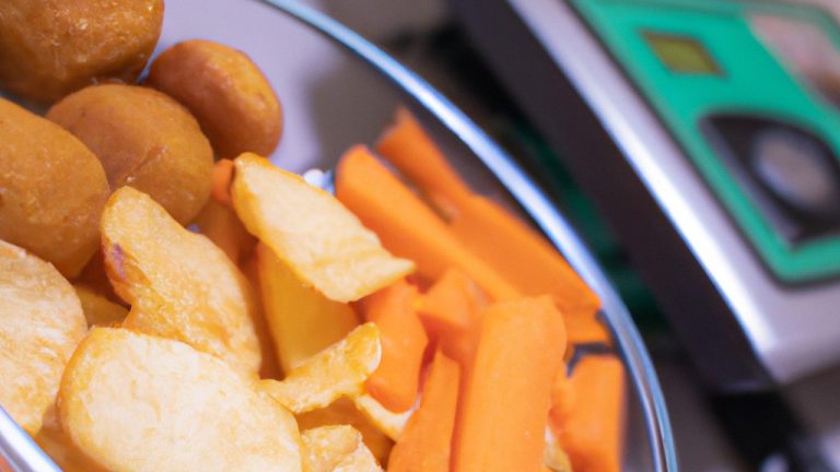 Imagem de uma cesta de legumes coloridos em uma airfryer. Os legumes incluem cenouras, brócolis, couve-flor, pimentões e cebolas. Eles são cozidos à perfeição, crocantes por fora e macios por dentro. Um recipiente com um molho ao lado da cesta para mergulhar. O texto "Legumes na Airfryer" está escrito na imagem.