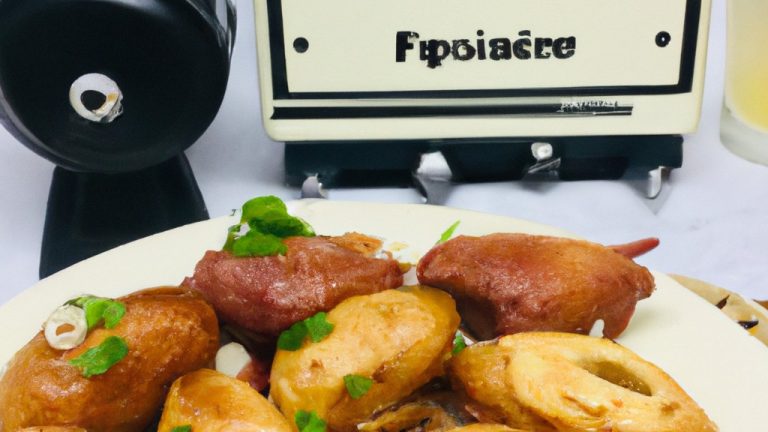 Imagem de uma porção de linguiça acebolada cozida em uma Airfryer, com cebolas caramelizadas e especiarias espalhadas por cima, servida em um prato.