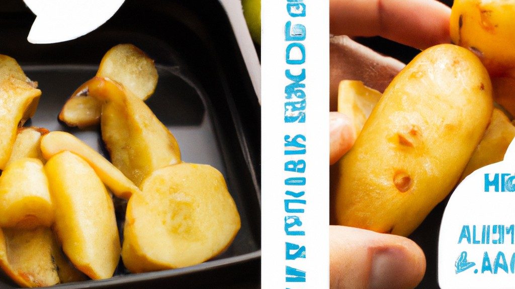 Foto de uma porção de linguiças acompanhadas de batatas fritas crocantes, preparadas na airfryer. As linguiças estão douradas e suculentas, enquanto as batatas estão crocantes e douradas. No fundo, há uma tábua de madeira com especiarias e ervas, como alecrim e alho, que foram usados para temperar o prato.