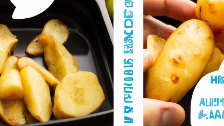 Foto de uma porção de linguiças acompanhadas de batatas fritas crocantes, preparadas na airfryer. As linguiças estão douradas e suculentas, enquanto as batatas estão crocantes e douradas. No fundo, há uma tábua de madeira com especiarias e ervas, como alecrim e alho, que foram usados para temperar o prato.