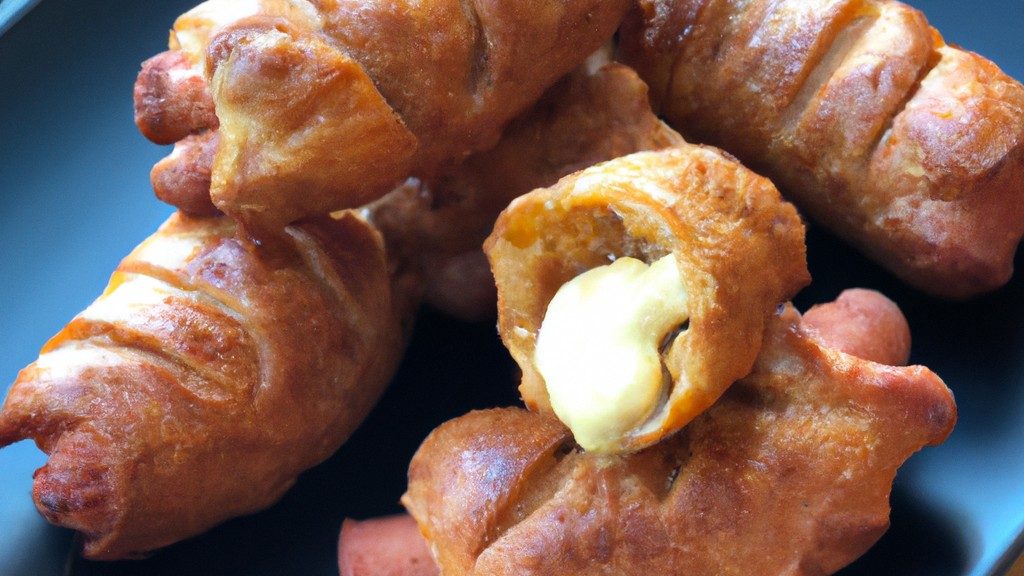 Imagem de linguiças recheadas com maionese, dispostas em uma cesta da Airfryer. As linguiças estão douradas e crocantes, com a maionese derretida por cima.