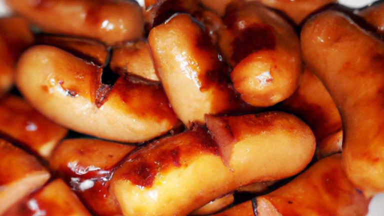 Imagem de linguiças toscanas cozidas em uma Airfryer, com um prato ao lado com rodelas de limão e ervas frescas. As linguiças têm uma cor marrom dourada crocante e estão acompanhadas de uma tigela de molho de tomate.