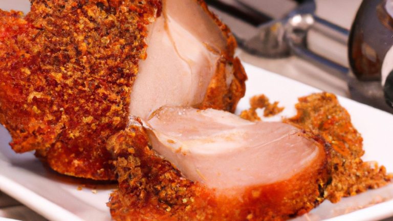 Imagem de lombinho de porco dourado e crocante cozido em uma airfryer, servido em um prato ao lado de vegetais grelhados.