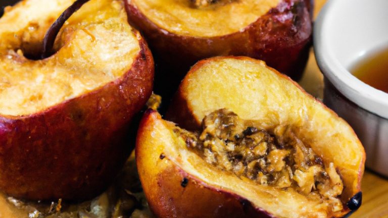 Imagem de uma maçã assada com aveia e mel, preparada na AirFryer. A maçã é cortada ao meio, recheada com aveia, mel e especiarias, e assada até ficar macia e caramelizada.