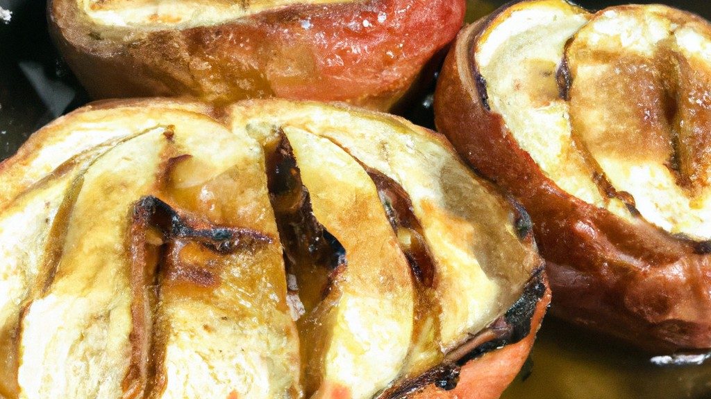 Imagem de uma maçã assada na Airfryer com manteiga derretida por cima, canela polvilhada por cima e uma colher ao lado.