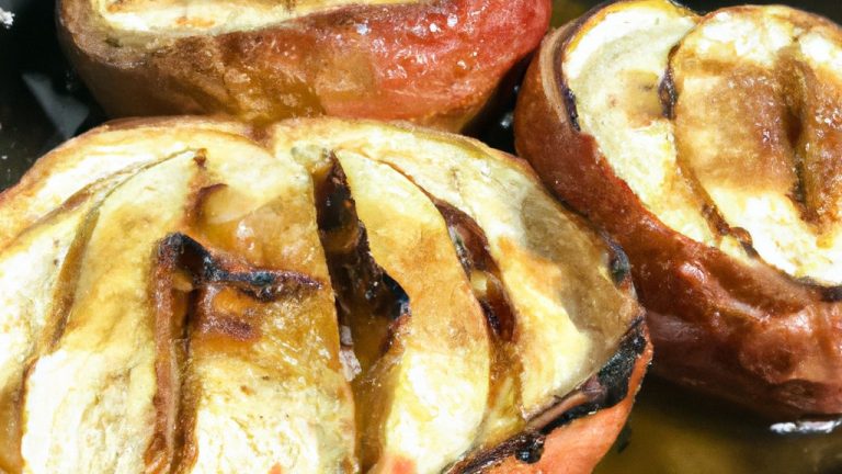Imagem de uma maçã assada na Airfryer com manteiga derretida por cima, canela polvilhada por cima e uma colher ao lado.