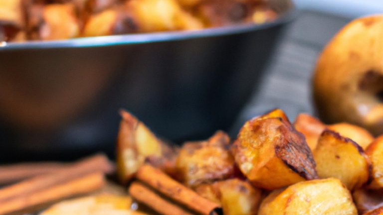 Imagem de uma maçã assada coberta com canela em uma cesta de Airfryer. A maçã está dourada e tem uma calda caramelizada escorrendo por cima.