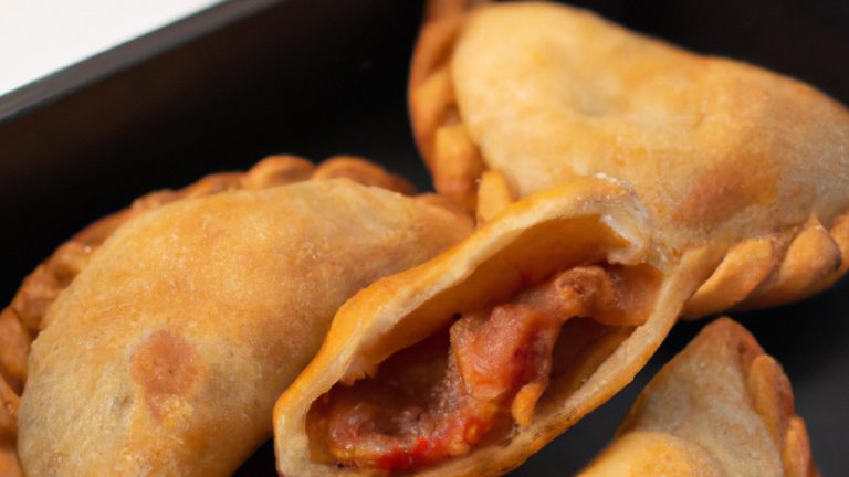 Imagem de uma maçã empanada assada na airfryer, com uma crosta dourada e escamosa e um interior suculento e caramelizado. A empanada é polvilhada com açúcar de confeiteiro e servida em um prato.