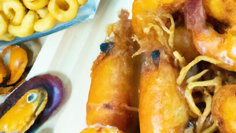 Foto de um prato de Macarronada de Frutos do Mar preparada na Airfryer. O prato contém macarrão, camarões, mexilhões, lulas e vieiras. O macarrão está coberto com um molho de tomate cremoso e polvilhado com queijo parmesão ralado.