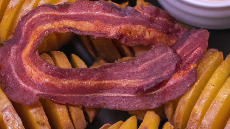 Imagem de um medalhão de batata dourado e crocante cozido em uma airfryer, coberto com bacon crocante e cebola roxa em conserva.
